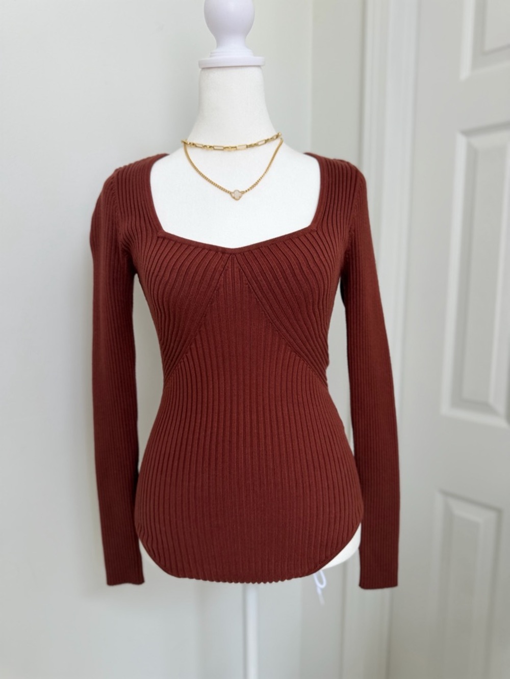 Abercrombie & Fitch Ribbed Knit Bodysuit Brown Long Sleeve Square Neck Fitted S